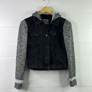 MUDD Black Denim Button Up Hooded Distressed Jacket Size XS